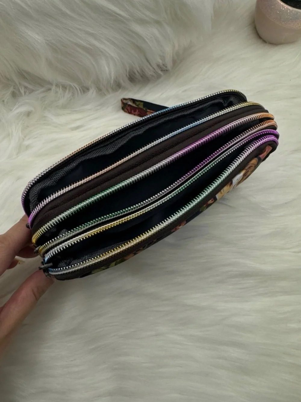 Floral Print Navy Blue Base Small Purse or Makeup Cosmetic Wristlet